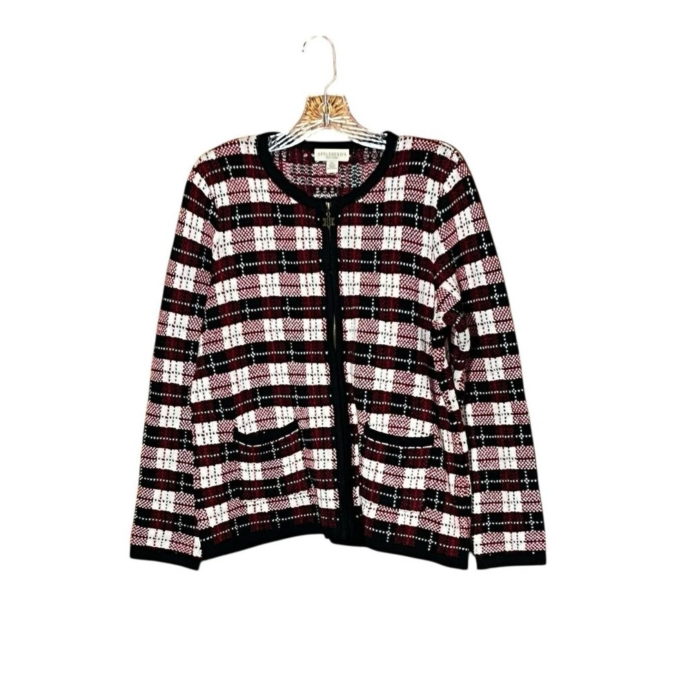 Appleseeds Cardigan Sweater LP  Wool Blend Plaid Holiday Christmas Full Zip